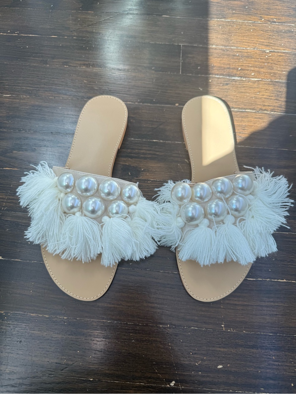 SHEIN Cream Pearl & Tassel Slide Sandals - Women